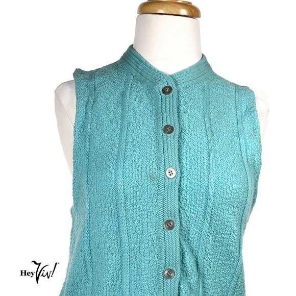 Vintage Turquoise Button Up V Neck Vest Sweater Deadstock 1970s Sz 36 - Hey Viv - Picture 3 of 6